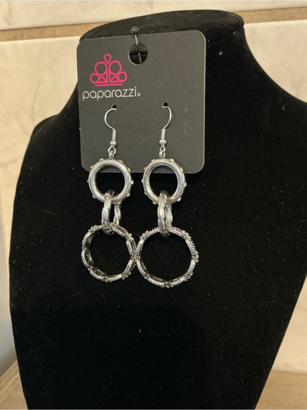Paparazzi Silver Textured Double Hoop Dangle Earrings